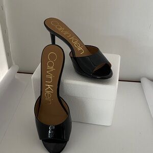 Calvin Klein Black Patent Open-Toe Slip-On Heels